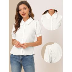 The beautiful and soft blouse adds a touch of elegant, feminine style to your wardrobe. It is suitable for spring and summer and for many occasions, such as casual, work, office, meeting, dating, weekend, leisure, and daily wear. Pair this doll-collar shirt with the high-waist jeans and sneakers for your casual-chic look, or wear it with a pencil skirt and high heels for sophistication and elegance. Classic White Short Sleeve Shirt With Collar, Classic Fitted Blouse With Peter Pan Collar, Short-sleeved Office Shirt With Button Cuffs, Collared White Short Sleeve Shirt With Button Closure, White Collared T-shirt With Buttons, Button Front Shirt, Peter Pan Collar, Work Shirts, Peter Pan