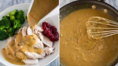 two pictures side by side one shows broccoli, the other shows chicken and gravy