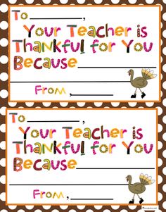 two thank cards with turkeys and polka dots on the border, one is for teachers to