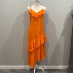 Brand New With Tags Retail $248 Size Medium Measurements Taken Laying Flat Across Front Long Length 51” Short Length 42” Orange V-neck Midi Dress With Ruffles, Colorful Summer Dresses, Light Summer Dresses, Safari Design, Black Peach, Midi Slip Dress, Animal Print Dresses, Dress 100, 50's Dress