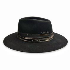 The Gentelman, a stylish black felt fedora dressed in black and creme textiles, and sterling silver and blackened sterling jewelry <span class='visuallyhidden'>Call or text 323-404-2959 if you need shopping assistance.</span> Vintage Black Fur Felt Fedora, Black Vintage Fur Felt Fedora, Black Fur Felt Hat Band With Flat Crown, Black Leather Hat Bands For Fall, Luxury Black Wide Brim Fedora, Black Wool Fedora With Flat Crown, Black Leather Fedora Felt Hat, Luxury Black Fedora With Short Brim, Luxury Black Fedora With Flat Brim