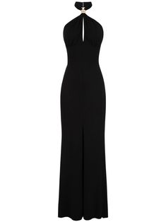 black crepe texture stretch-jersey halterneck gold-tone hardware open back flared skirt strapless long length 2009 Red Carpet, Classy Black Dress Aesthetic, Beautiful Dresses Elegant, Rich Clothing, Black Texture, Halter Neck Maxi Dress, Jonathan Adler, Long Black Dress, Halterneck Dress