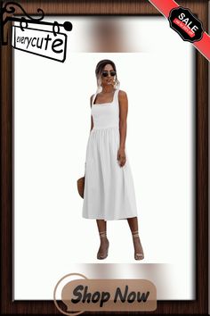 White Square Neck Midi Calf Dress Solid Color Square Neck Midi Dress For Day Out, Midi Dress With Square Neck For Day Out, Square Neck Sundress In Solid Color, Chic Square Neck Midi Dress For Daytime, Elegant Square Neck Midi Dress For Daytime, White Square, Midi Dresses, Women Dresses, Square Neck