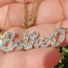 This Beautiful Esther Name Plate Necklace Was Custom Made In The Early 2000’s In The Jewelry District In Nyc, That Skilled Jeweler Has Retired Since. The Necklace Is Approximately 20-21” Long With Tiny Beautifully Sparkling Pave Diamonds ( No Carat Weight Available) Very Secure Lobster Lock. Stamped 14k On The Lock, Also Fully Tested In Several Places To Confirm. Please Find Weight & Measurements In Pictures As Part Of Description. Price Is Very Firm & Not Negotiable, Sorry! Stunning Vintage Custom Made Name Esther Necklace! Esther Name, Name Plate Necklace, Early 2000’s, Plate Necklace, Make Color, Name Plate, Pave Diamonds, Womens Jewelry Necklace, Gold Diamond