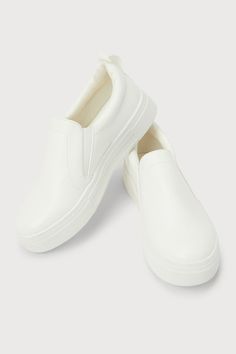 Your classic sneaker gets a major upgrade with the Lulus Cassay White Platform Slip-On Sneakers! Smooth faux leather shapes these slip-on sneakers that have a rounded toe upper and elastic gussets for fit. Pull tab at back. 1.5"" white bumper sole. Lightly cushioned insole. Rubber sole has nonskid markings. Man-made materials. Imported. Lulus | Cassay White Platform Slip-On Sneakers | Size 8. Platform Slip On Sneakers, Flatform Sneakers, White Platform, Lulu Fashion, Different Outfits, Classic Sneakers, Pull Tab, Slip On Sneakers, Faux Suede