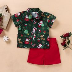 Pattern: cartoon print Color: green, chocolate Height: 90CM, 100cm, 110cm, 120cm Sleeves: short sleeves Thickness: normal Fabric: Cotton Gender: boy Launch: Autumn 2021 Season: Summer Toddler Christmas Outfit, Boys Christmas Outfits, Christmas Suit, Kids Christmas Outfits, Santa Shirt, Chic Shirts, Set Outfits, Santa Shirts, Boys Christmas