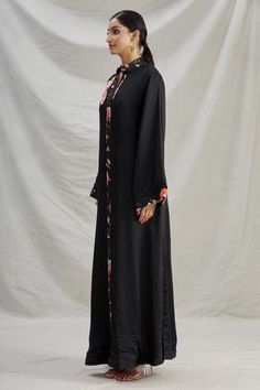 Shop for Parul | Vivek Black Satin Placement Embroidered Kaftan for Women Online at Aza Fashions Kaftan For Women, Embroidered Kaftan, Long Kaftan, Satin Color, Full Sleeves, Mandarin Collar, Aza Fashion, Black Satin, Full Sleeve