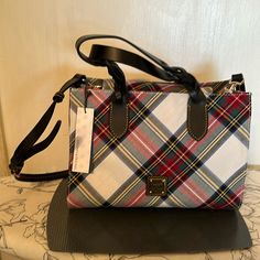 White Tartan Plaid Cotton Satchel. Approx: 8.5”L X 11.75”W. Flap W/Magnetic Snap Closure. Leather Double Handles W/Adjustable Removable Strap. Interior: 1 Zip Pocket, 2 Slip Pockets, Key Fob. Bottom W/Feet. Never Used. Inside Tag: K10265571 Designer White Square Satchel, Rectangular Coated Canvas Satchel With Top Carry Handle, Multicolor Top Handle Coated Canvas Shoulder Bag, Multicolor Coated Canvas Top Handle Shoulder Bag, Rectangular Coated Canvas Satchel With Removable Pouch, Square Coated Canvas Bag With Top Carry Handle, Multicolor Coated Canvas Satchel Bag, Rectangular Coated Canvas Satchel, White Crossbody Box Bag With Handle Drop