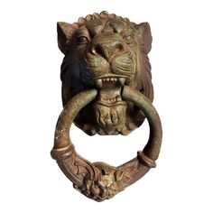 a lion head door knockle with a ring on it's face and mouth