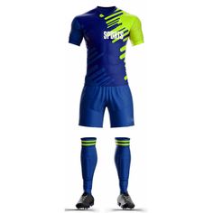 the soccer uniform is blue and yellow with neon green stripes on it's sleeves