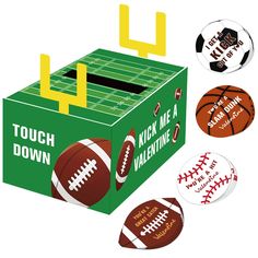 an open box with footballs on it