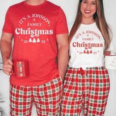 Celebrate the holiday season in style with our Matching Family Christmas Shirts. These Custom Family Shirts make the perfect choice for your family photoshoot, and they're a thoughtful Personalized Christmas Gift that will bring festive joy to your loved ones. Get ready to spread the holiday cheer with these Christmas Gifts everyone will adore️🎅 PLEASE NOTE: Colors may seem different on the computer screen, or in the lighting in which the picture was taken. The way that we print our shirts is D Personalized Family Christmas Shirts, Matching Christmas Family Shirts, Cricut Christmas Pajamas Family, Red Christmas Top For Family Occasions, Family Matching Christmas Shirt With Letter Print, Casual Family Christmas T-shirt, Family Matching Holiday Shirt With Letter Print, Casual Christmas T-shirt For Family, Matching Christmas Cotton Tops