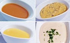 four different types of sauces in white bowls