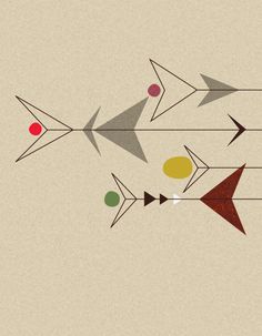 three arrows pointing in different directions on a beige background with red, yellow and green dots