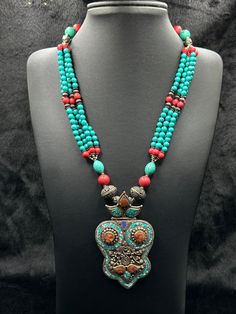 Tibetan Beautiful Design Old Necklace With Natural Turquoise Coral And Agate Stone. Necklace Length 22 Inches. Shipping Payment Feedback & Return Policy 1 : We ship Monday to Friday Via Airmail Register Insured  With Tracking # takes 2 to 4 Weeks to Destination. 2 : Contact us if you did not receive your item after 4 weeks. 3 : We Accept Payment Only Via PayPal. 4 : In Any Inconvenience Case we do Accept Return and full Refund. 5 : We Ship worldwide via Airmail Registered with Tracking # provide Turquoise Gemstone Beads Pendant Jewelry, Turquoise Beaded Pendant Jewelry, Turquoise Gemstone Necklaces With Round Beads, Green Jewelry With 108 Beads For Festival, Traditional Green Beaded Necklaces With Stones, Turquoise Pendant Beaded Necklace, Unique Turquoise Pendant Beaded Necklaces, Turquoise Pendant Beaded Necklace With Natural Stones, Traditional Green Beaded Necklace With Stones