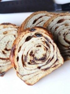 several slices of cinnamon swirl bread on a cutting board