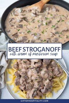 beef stroganoni with cream of mushroom soup in a skillet