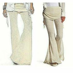 Z Fashion Peace Love World PEACE LOVE WOMEN'S WORLD PANTS FLARE FASHION BELL BOTTOMS LEG IVORY MRSP $128 NWT Peace Love World Yvette Crochet Pants Brand new with tags, cute crochet Yvette wide-leg yoga pants with fold over skirt by Peace Love World! Tassel ties on each side of the skirt layer! Scrunches to adjust the length of the skirt! One tassel on the right is coming undone! Cane easily be re-wrapped! Color is Natural, an off white cream color! Delicate crochet! Form fitting but the calves a Short Crochet Skirt, White Jogger Pants, Knitted Stuff, Crochet Bottoms, Wide Leg Yoga Pants, Leg Yoga, La Outfits, Delicate Crochet, Crochet Pants