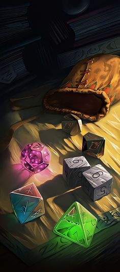 some dices are laying on the floor next to a pillow and bag with lights