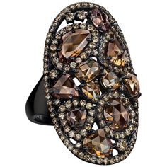 This edgy yet elegant 18 karat blackened gold ring is perfect from day to evening. Set with multi shapes of rose cut brown diamonds that have been outlined with round white brilliant cut diamonds .This elongated oval shaped ring measures approximately 1 1/4" long and 1/2' wide. 7.68 total brown diamond weight. Finger size 7 1/4 Appraisal upon request Appraisal upon request Appraisal upon request Ring Indian, Shield Ring, Oval Diamond Ring, Head Ring, Gold Cocktail Ring, Diamond Cocktail Rings, Oval Ring, White Gold Diamond Rings, Oval Rings