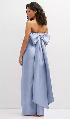 Shop this Complete the romantic vibe of an elegant wedding party with this strapless column maxi dress. A fitted silhouette flatters and accentuates curves, as a draped bodice creates a sleek detail. An oversized bow detail at the dress back captures the fashion-forward personality of this exquisite Satin Twill dress. Draped Bodice, Alfred Sung, Column Gown, Column Dress, Bow Back, Blue Bridesmaids, Satin Gown, Custom Dresses, Classic Blue