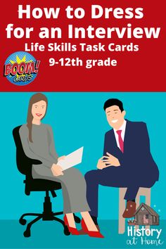 a man and woman talking to each other in front of a red sign that says how to dress for an interview life skills task cards 9 -