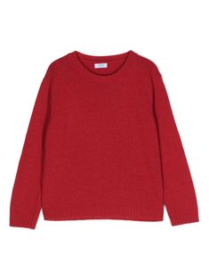 crimson knitted construction ribbed trim round neck long sleeves straight hem Red Sweater With Ribbed Collar For Fall, Red Soft Knit Crew Neck Sweater, Red Fine Knit Crew Neck Sweater, Red Fine Knit Long Sleeve Sweater, Red Fine Knit Sweater, Red Longsleeve, Red Sweater Outfit, London Outfits, Red Jumper