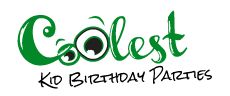 the logo for coolest ko birthday parties, which is green and black with white lettering