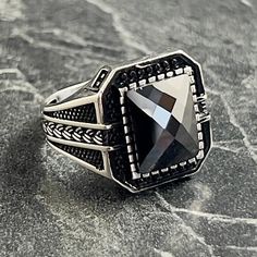 Square Black Garnet Gemstone Silver Ring , Embroidered Knitted Pattern Ring , 925K Sterling Silver , Handmade Geometric Style , Gift For Him , Same Day For Shipping ✧ Product Details * Handmade İtem * Gender : Male / Female * Material : 925K Sterling Silver * Ring Weight : 8.5 Grams * Gemstone Type : Black Garnet ✔ Usage Details * Silver jewelry is very sensitive to chemicals. It is recommended to keep away from chemical substances such as cream, bleach, deodorant, detergent. * Silver jewelry ca Classic Black Crystal Ring For Gift, Handmade Black Crystal Ring In Sterling Silver, Luxury Handmade Black Rings, Elegant Handmade Black Crystal Ring, Handmade Black Sterling Silver Signet Ring, Jewelry Illustration, Pattern Ring, Garnet Gemstone, Style Gift