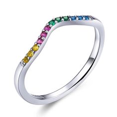 Prefect To Strack With Other Rings. Would Work Well As A Wedding Band To Go With A Larger Stone Engagement Ring. Solid Sterling Silver With Colored Cubic Zirconia Pave. Rainbow Ring Jewelry For Wedding, Rainbow Cubic Zirconia Jewelry For Wedding, Rainbow Cubic Zirconia Wedding Jewelry, Elegant Rainbow Sterling Silver Rings, Wedding Stack, Rainbow Wedding, Stone Engagement Ring, Stone Engagement Rings, Stone Engagement