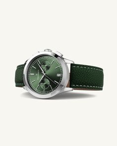 Case diameter: 39 mmCase thickness: 11.15 mmMaterial: Rhodium-plated 316L stainless steel Dial: Green sunray dial in brassIndex & hands: Polished stainless steelGlass: Sapphire CrystalMovement: Seiko VK64 HybridWater Resistance: 10 ATM (snorkeling)Strap: Genuine green leather, clasp in rhodium-plated stainless steelStrap size: Onesize, fits all wristsLug width: 20 mmPackaging: Black leather box with certificate and manualAvailability: In stock, Free and fast Shipping Worldwide Modern Stainless Steel Watch Bands With Polished Finish, Luxury Stainless Steel Watch Accessories With Polished Finish, Green Chronograph Watches For Formal Occasions, Formal Green Chronograph Analog Watch, Formal Green Analog Chronograph Watch, Modern White Gold Watch Bands With Stainless Steel Clasp, Formal Green Chronograph Watch, Modern Silver Chronograph Watch In Stainless Steel, Modern Chronograph Watch For Business With Polished Finish