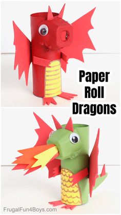 the paper roll dragon is made with construction paper and then folded to look like an origami