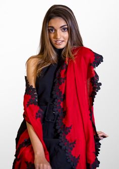 Woven from a fine silk and wool blend, this red scarf features a contrasting black bold scalloped edging lace border. This chic and contemporary accessory keeps you stylishly warm. Black Wool Scarf, Spring Collection Fashion, Copper Ombre, Copper Lace, Red Scarf, Gray Silk, Designer Scarves, Red Scarves, Summer Scarves