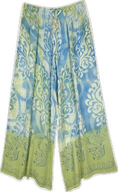 Spring Green Printed Wide Leg Pants, Spring Printed Green Wide Leg Pants, Printed Wide Leg Pants For Beach In Spring, Spring Beach Printed Wide Leg Pants, Spring Beach Wide Leg Printed Pants, Green Wide Leg Pants For Beach Season, Blue Floral Print Wide Leg Pants For Summer, Green Wide Leg Pants For Spring Vacation, Spring Green Wide Leg Pants For Beach