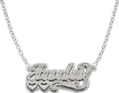 Custom Engraved Silver Nameplate Necklace, Custom Name Heart-shaped Silver Necklace, Silver Heart-shaped Custom Name Necklace, Silver Heart Shaped Custom Name Necklace, Silver Engraved Name Necklace For Anniversary, Silver Nameplate Necklace For Anniversary, Custom Silver Necklace For Personalized Gifts, Personalized Silver Necklace For Valentine's Day, Valentine's Day Silver Nameplate Charm Necklace