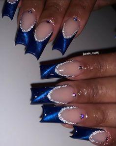 Bling Blue Acrylic Nails, Short Square Acrylic Nails Blue Glitter, Dallas Cowboy Nails Acrylics, Black And Blue Nails Acrylic Design, 90s Prom Nails, Phlebotomist Nails, Blue Cat Eye French Tip Nails, Blue N Black Nails, Dark Blue And Silver Nails Acrylic