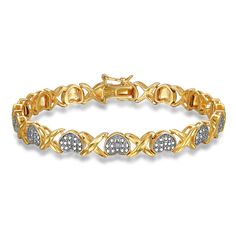 PRICES MAY VARY. DAZZLE HER SENSES - Deliver her with heartfelt hugs and kisses in the form of this dazzling 18K yellow gold diamond tennis bracelet from Morgan & Paige. Hand crafted in genuine 925 sterling silver and 18K yellow gold plate, this two tone bracelet features gold "X" links alternating with twinkling zirconia-filled hearts TIMELESSLY ELEGANT - We hand-select the brightest, most reflective and brilliant-cut cubic zirconia for our tennis bracelets for women. Offering dazzling brillian Heart Tennis Bracelet, Xo Necklace, Two Tone Bracelet, Flexible Bracelet, Wrist Jewelry, The Spell, Diamond Tennis Bracelet, Gold Plated Bracelets, Tennis Bracelet Diamond