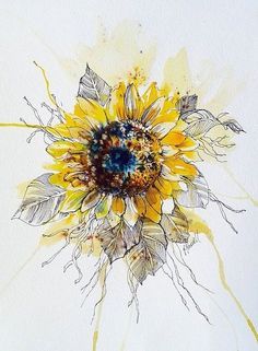 an image of a sunflower painted with watercolors on paper and then added to the post