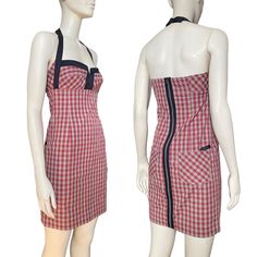 A stunning vintage Cop Copine halter neck dress. Featuring a beautiful red and grey tartan cottagecore pattern. The back has a zip that goes all the way up. Adjustable length. Very flattering!! Officecore archive. A really unique dress that's perfect to wear this spring/summer  Measurements: The length is 88cm, pit to pit is 38cm and the waist is 68cm. Fits an XS/S. Size 6-8 uk.  Condition: In excellent vintage condition. There are no stains, rips, marks etc.. Please look at all the photos as th Red Fitted Plaid Summer Dress, Retro Fitted Gingham Plaid Dress, Fitted Retro Gingham Plaid Dress, Retro Fitted Plaid Summer Dress, Vintage Fitted Plaid Dress For Picnic, Retro Fitted Sleeveless Plaid Dress, Fitted Sleeveless Retro Plaid Dress, Fitted Vintage Plaid Dress For Picnic, Fitted Sleeveless Plaid Vintage Dress