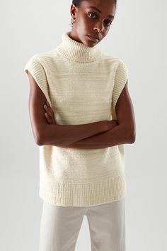 TEXTURED ROLL NECK VEST - off-white - Tops - COS FR Sweater Vest Turtle Neck, Shirt Dress Summer, Cut Sweatshirts, Cotton Vest, Vest White, Chunky Sweater, Sleeveless Sweater, Roll Neck, Knitwear Women