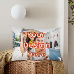 a personalized pillow with an image of a couple on it and the text your design here