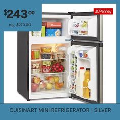 a refrigerator with its door open and the words cusinart mini refrigerator silver