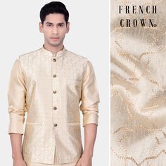 hidden Elegant Gold Embroidered Fabric For Diwali, Elegant Embroidered Outerwear For Festivals, Elegant Fitted Embroidered Fabric For Diwali, Elegant Tonal Embroidered Fabric For Wedding, Elegant Embroidered Fabric For Wedding, Elegant Embroidered Fabric For Wedding With Tonal Embroidery, Elegant Wedding Fabric With Tonal Embroidery, Wedding Bandhgala With Floral Embroidery And Long Sleeves, Elegant Festive Bandhgala With Zari Work