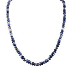 From Bulova, a beaded necklace, 22" in length made of sodalite, also known as the poet's stone, in varying shades of blue, that is believed to emanate a soothing and calming energy. Accented throughout with faceted hematite beads (thought to promote stability and optimism) and crafted with a magnetic cylinder clasp in sterling silver. All of Bulova's sterling silver is rhodium plated to give the jewelry a brilliant shine and provide enhanced durability. Bulova Style #: BVC1045-WSSOD Blue Kyanite Gemstone Bead Necklaces, Blue Kyanite Gemstone Beaded Necklace, Sodalite Gemstone Beads Necklaces, Blue Rondelle Natural Gemstones, Sapphire Beaded Necklaces With Natural Lapis Lazuli Stones, Sapphire Lapis Lazuli Beaded Necklace, Blue Rondelle Gemstone Beads, Blue Single Strand Lapis Lazuli Beads, Blue Lapis Lazuli Single Strand Beads