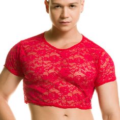 Gigo Redemption Red Crop Top Gigio New Collection - Summer 2022 Man's Red Lace Sheer Crop Top 75.79% Nylon + 24.21% Spandex Made In Colombia Mens Lingeniere, Red Fitted T-shirt For Party, Red Short Sleeve T-shirt For Party, Red Stretch Tops For Party, Red Stretch Party Tops, Stretch Red Party Tops, Red Festival Outfit, For Men Clothes, Interesting Fashion