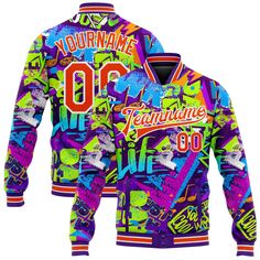 a colorful jacket with an image of the team name and numbers on it, all over