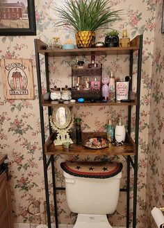 a toilet in a small bathroom with floral wallpaper and shelving above the toilet