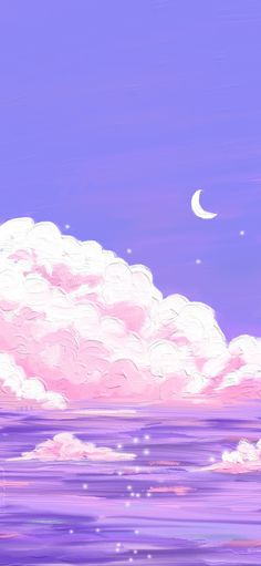 the sky is full of clouds and stars above the water at night with pink hues