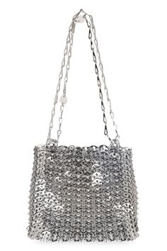 100% Brass Luxury Silver Bag With Chain Strap, Luxury Silver Bags With Chain Strap, Silver Shoulder Bag With Top Handle And Chain Strap, Party Shoulder Bag With Silver-tone Hardware, Bucket Shape, Chic Silver Satchel Shoulder Bag, Party Bucket Shoulder Bag With Silver-tone Hardware, Party Bucket Bag With Silver-tone Hardware, Chic Rectangular Bucket Bag With Silver-tone Hardware, Modern Crossbody Bucket Bag For Party