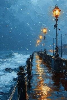 a painting of a street light on a rainy day with the ocean in the background